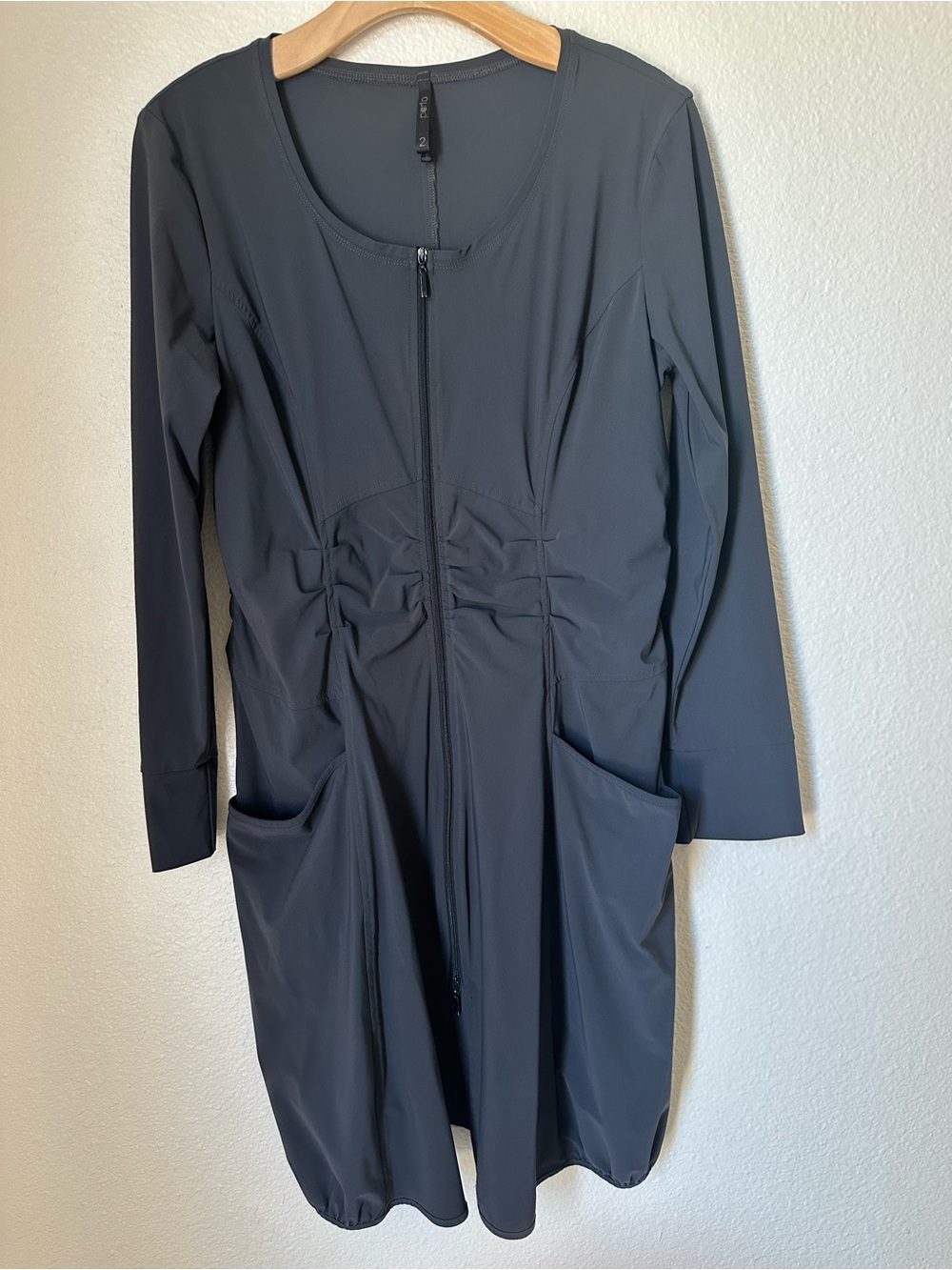 Porto SF Ruched Dress Zip Front Stretch Grey Dress Jacket Tunic 2 M Lagenlook